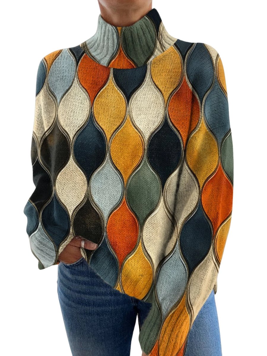 Abstract pattern of wavy lines and ovals decorative pattern turtleneck sweater