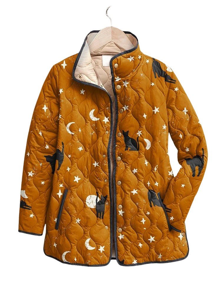 Black Cat Halloween Print Casual Quilted Jacket