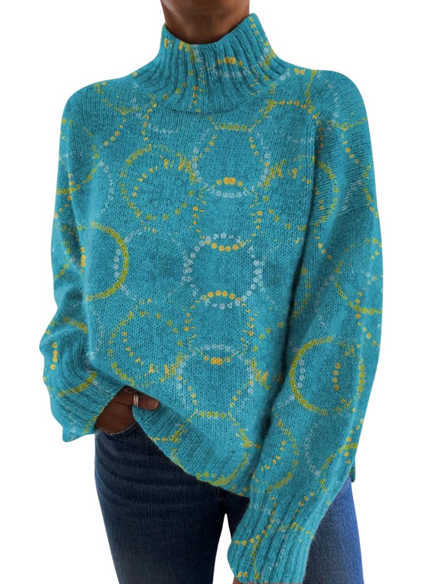Bright Circular Art Print Turtleneck Sweater