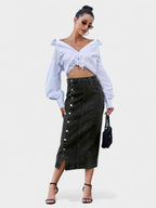 Elodie | Button-Front Cotton Blend Skirt
