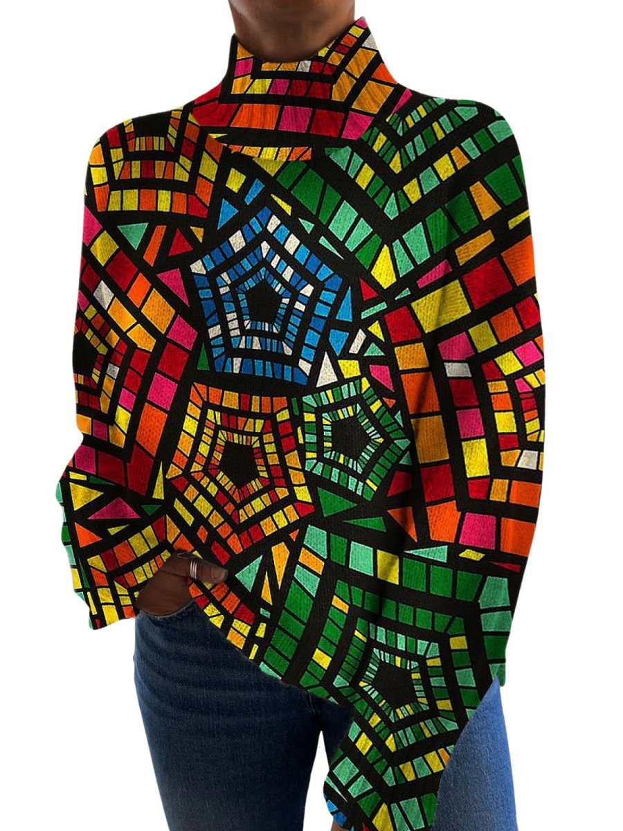 Retro Abstract Colorful Pentagonal Geometric Art Print Turtleneck Sweater
