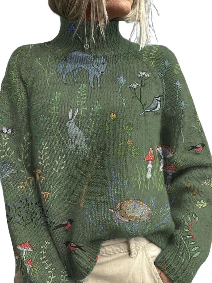 Sweater with forest and animal print, knitted, with a turtleneck