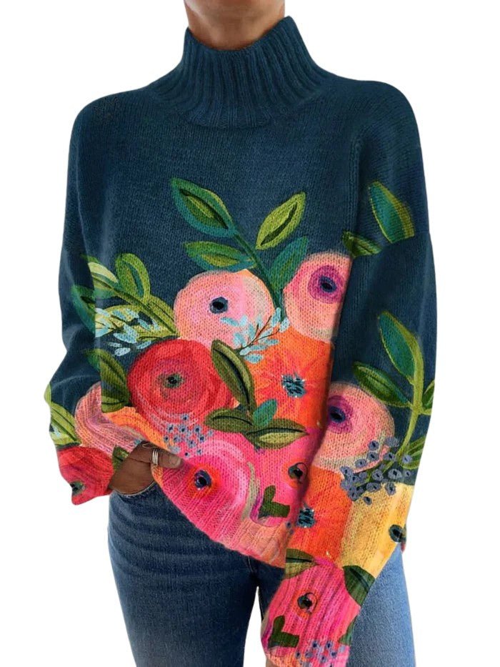 Sweater with Retro Floral Pattern and Turtleneck