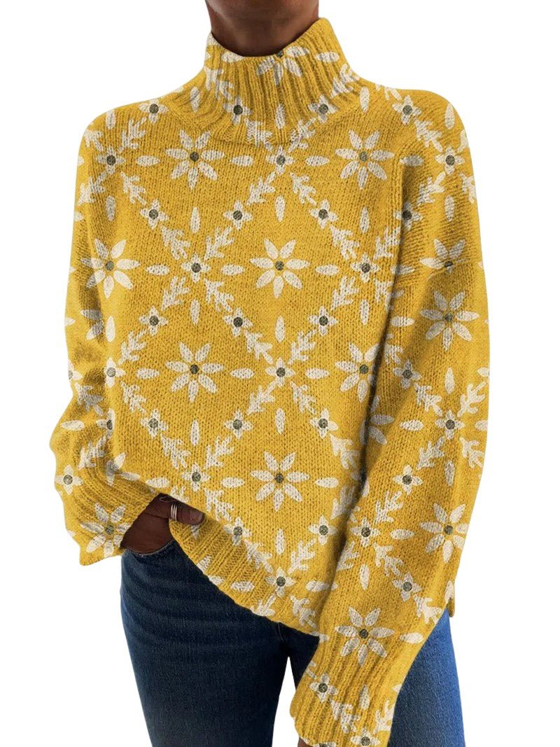 Vintage Colorful Floral Block Art Print Turtleneck Sweater