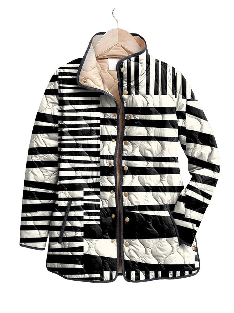 Women's Black and White Abstract Casual Quilted Jacket