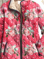 Women's Charming Pink Floral Printed Casual Quilted Jacket