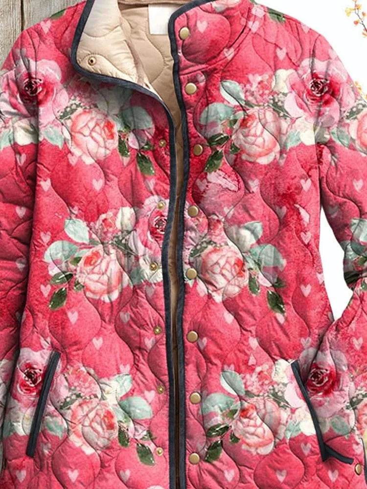 Women's Charming Pink Floral Printed Casual Quilted Jacket