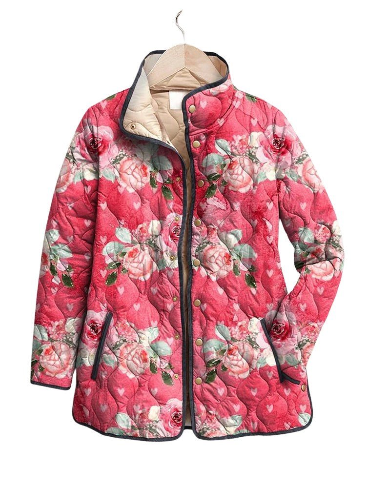 Women's Charming Pink Floral Printed Casual Quilted Jacket