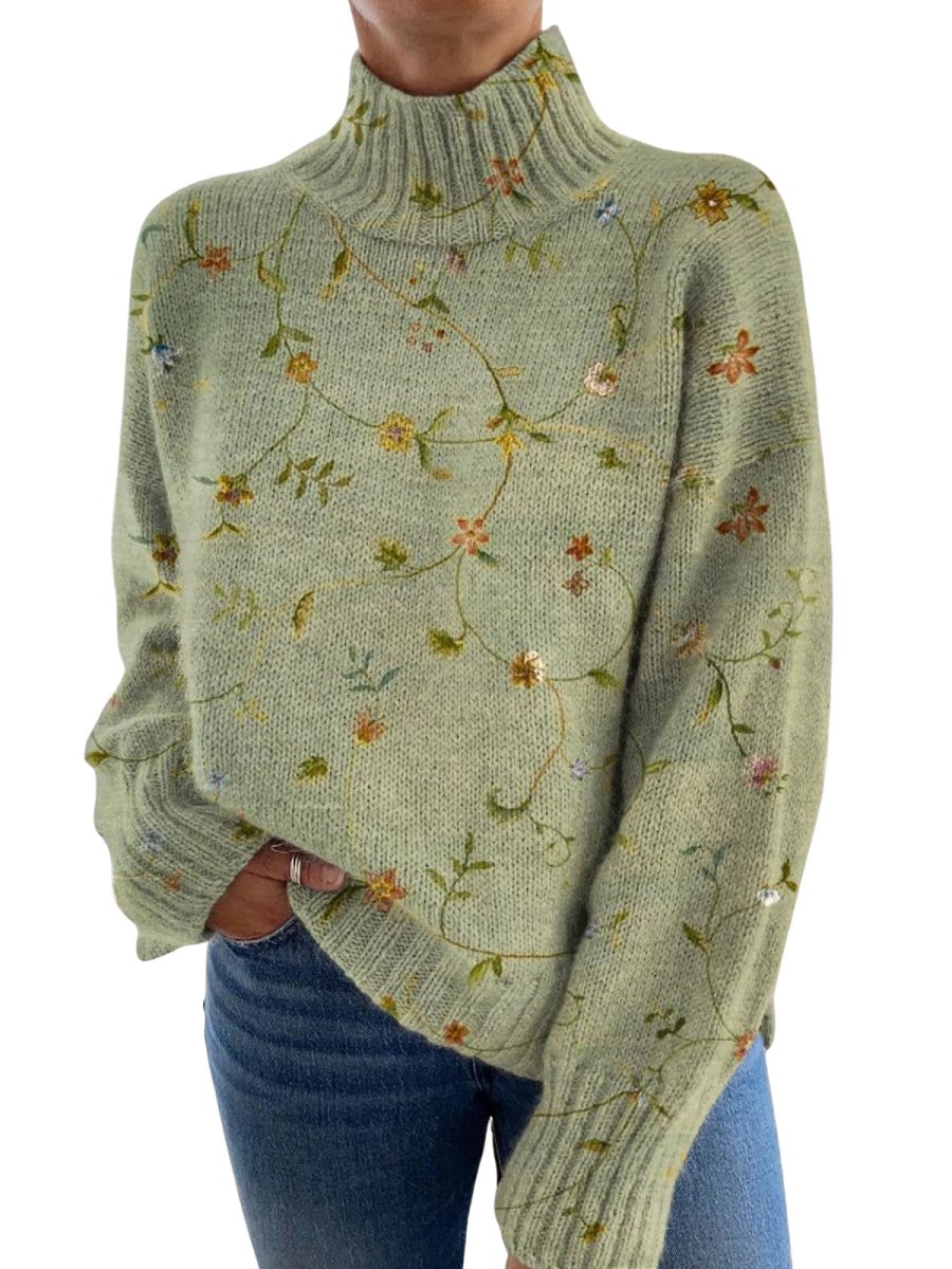Women's Charming Sweater with Floral Pattern and Long Sleeves