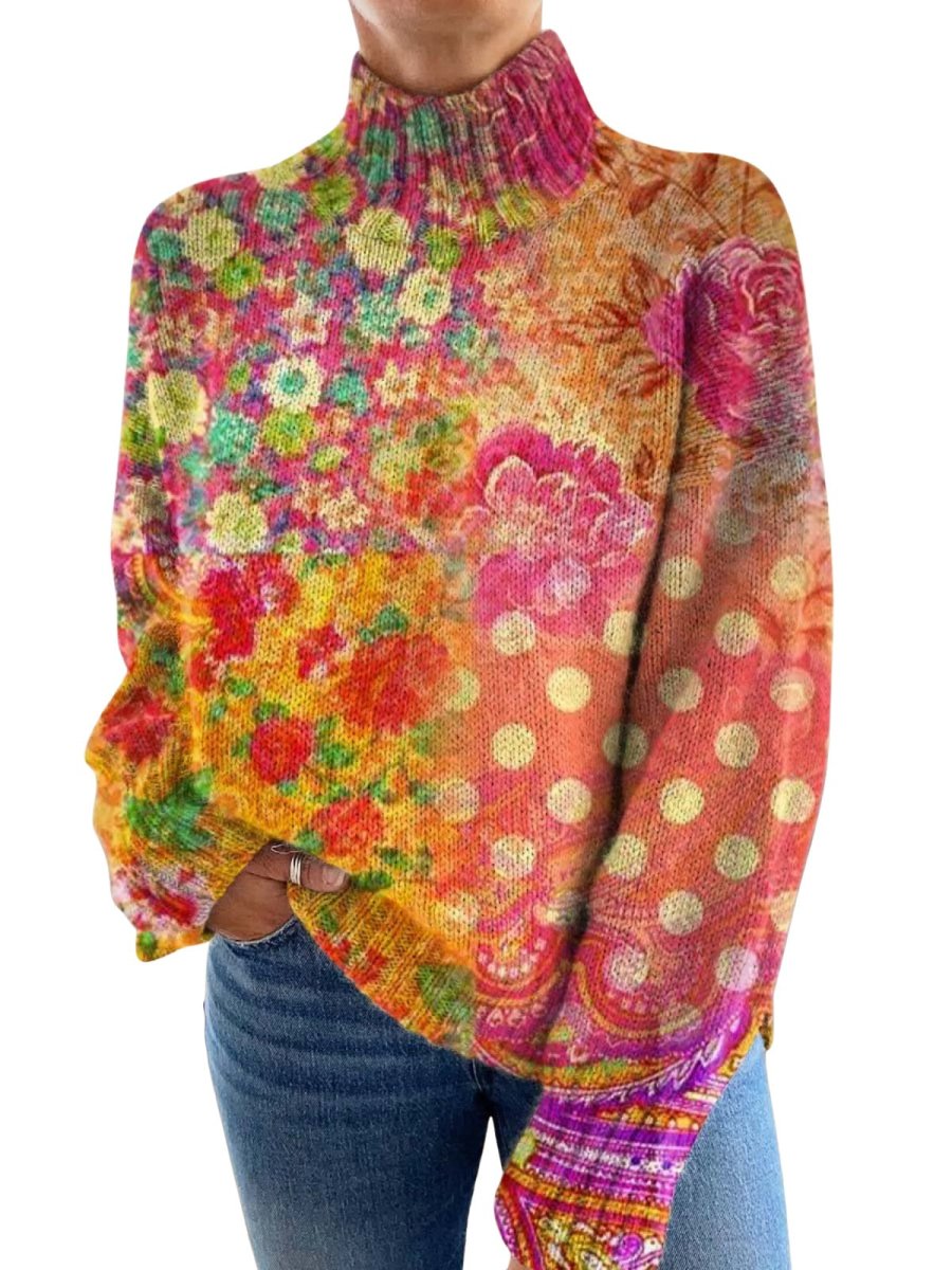 Women's Sweater with Floral Polka Dot Print and Turtleneck