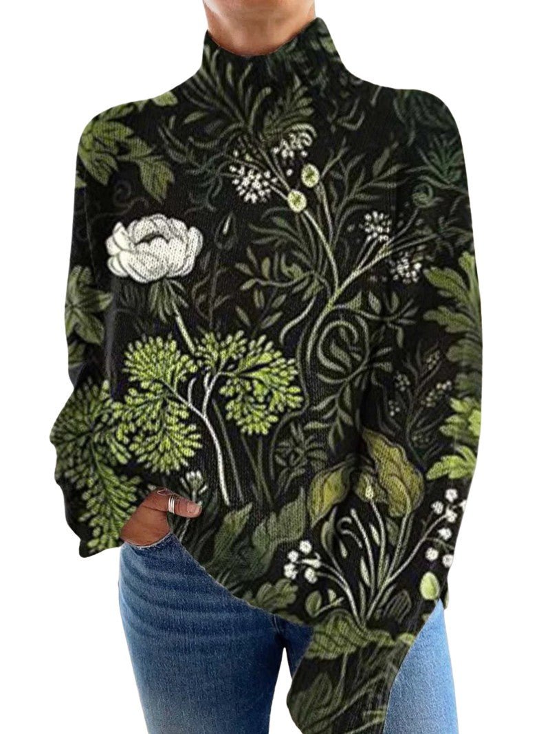 Women's sweater with vintage floral print and turtleneck