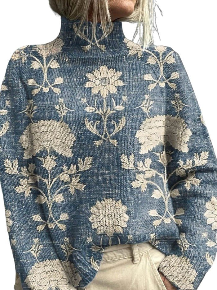 Women's Vintage Charming Floral Pattern Turtleneck Sweater