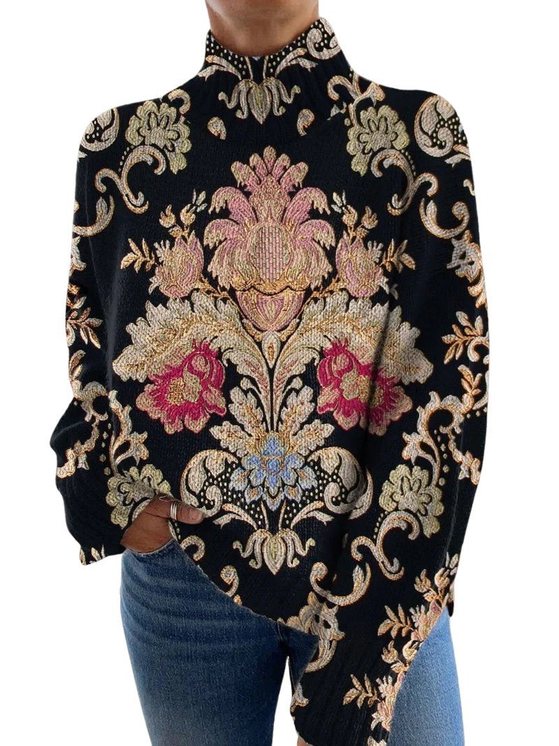 Women's Vintage Cute Floral Pattern Knit Turtleneck Sweater