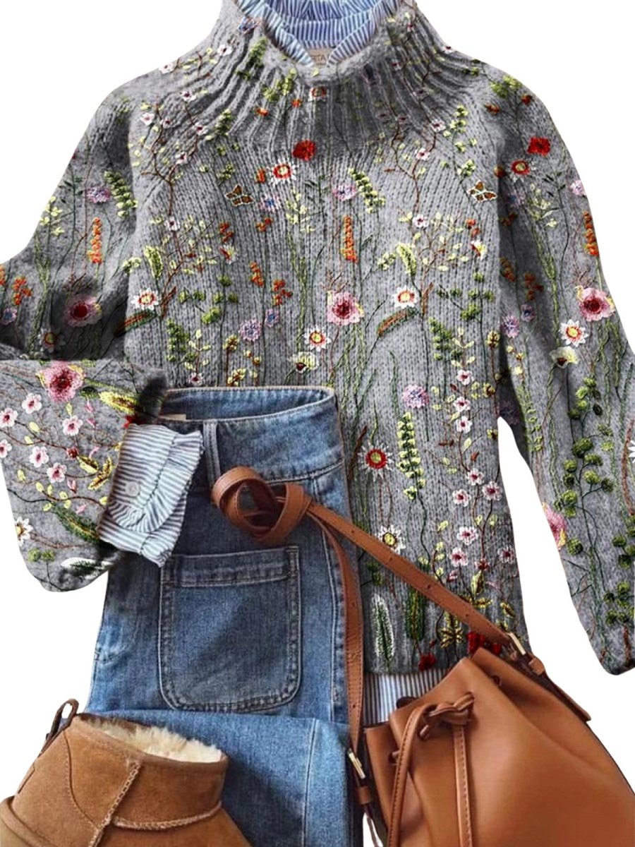 Women's Vintage Sweater with Beautiful Floral Print and Turtleneck